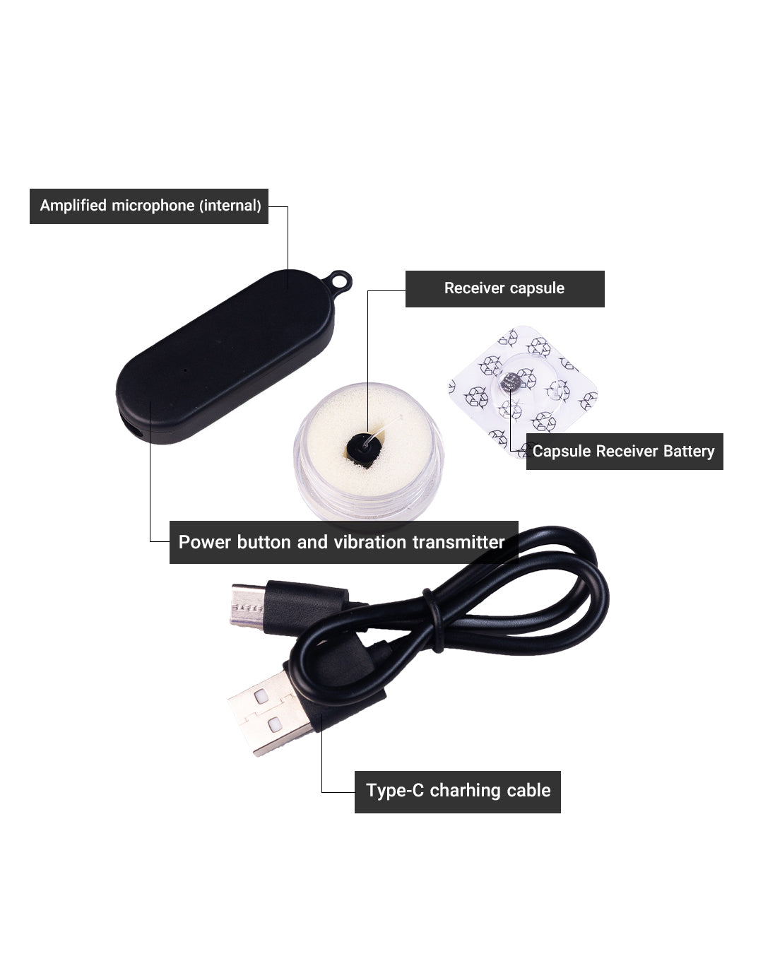 Diagram of Invisi2 Magic kit contents: black wireless receiver with internal mic, capsule earpiece, spare battery and USB-C charging cable.

