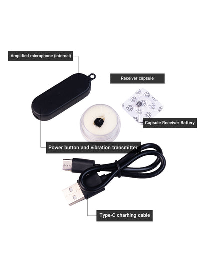 Diagram of Invisi2 Magic kit contents: black wireless receiver with internal mic, capsule earpiece, spare battery and USB-C charging cable.

