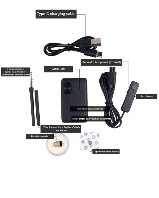 Invisi2 Ultra set: wireless power unit with external mic, 2 mm bead and 5 mm capsule receivers on dark background.







